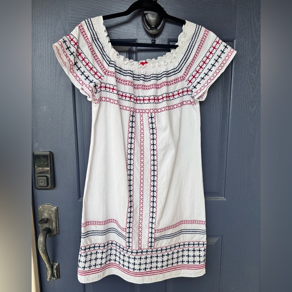 Cristina V Embroidered White Dress with Red and Blue Accents
